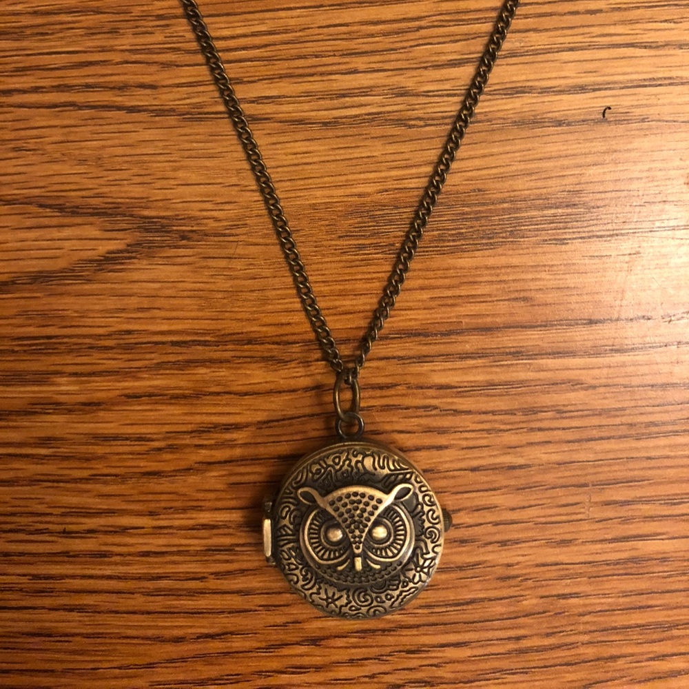 Long Bronze Owl Necklace (clock inside)